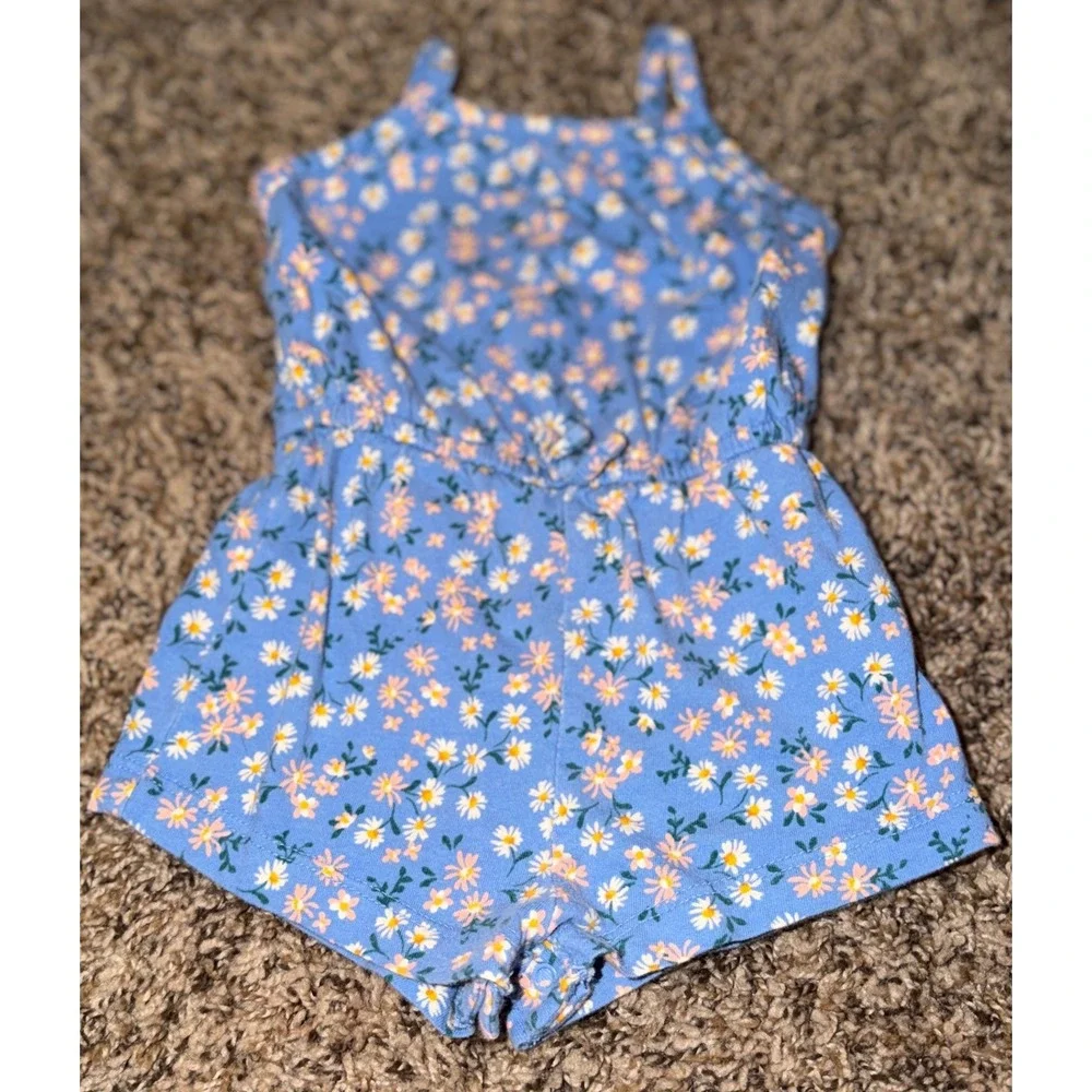 Old Navy Blue Sleeveless White & Peach Floral Pattern One-Piece Romper 3-6 Mon